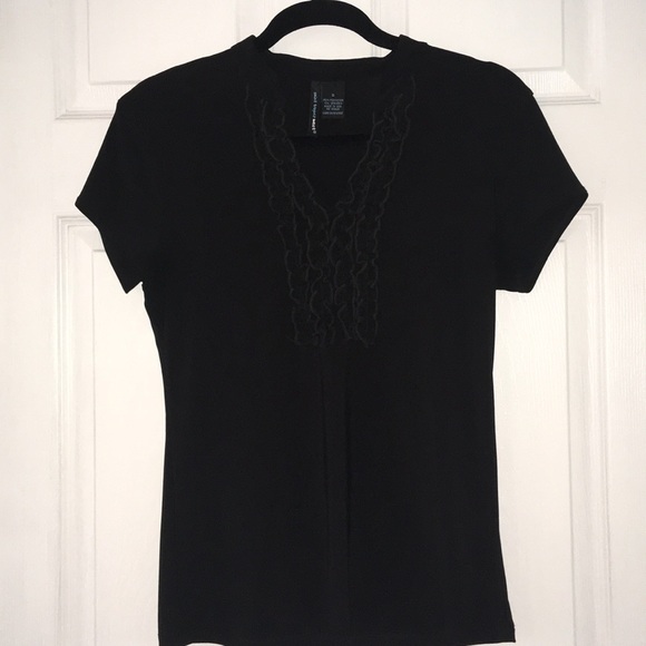 Black Short Sleeve Ruffle Tuxedo Blouse Size S - Picture 3 of 5